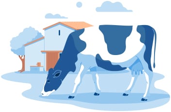 Blue cartoon cow in front of barn