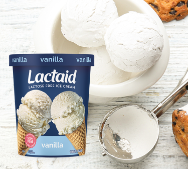 LACTAID® Ice Cream packaging, a bowl with two scoops of ice cream and cookies