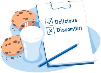 Cartoon cookies and milk with clipboard with check list of 'delicious' and 'discomfort'