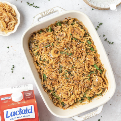 Lactose-free, fresh green bean casserole recipe, made with Lactaid