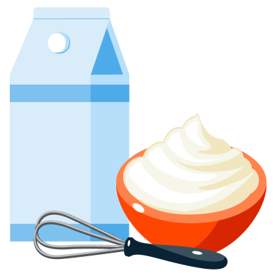 Milk package, bowl with sour cream and whisk illustration