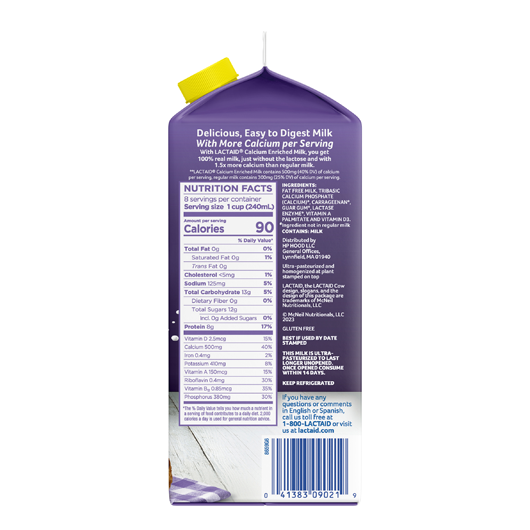 Lactaid Calcium Enriched Fat-free Milk Right Side of Packaging with Nutrition Facts
