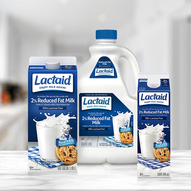 Lactaid 2% reduced fat lactose-free milk in various sized packaging
