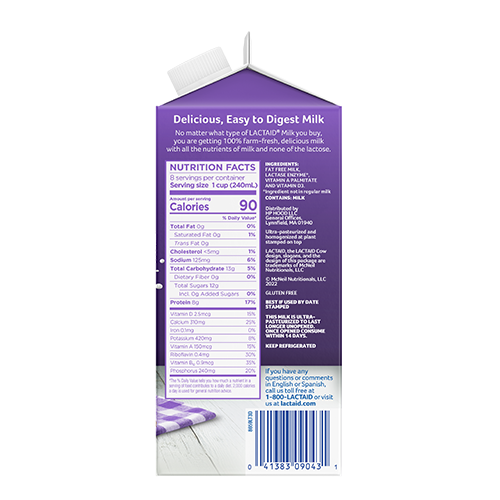 Lactaid Fat Free Milk Right Side of Packaging with Nutrition Facts