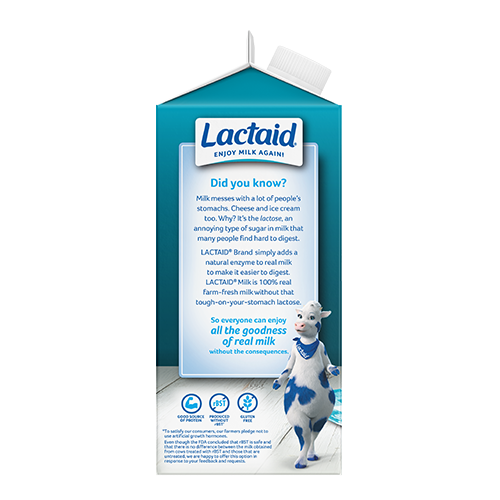 Lactaid 1% Low-fat Milk Left Side of Packaging