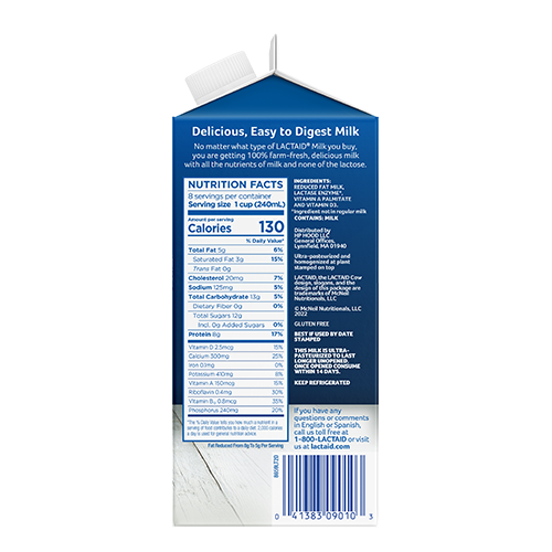 Lactaid 2% Reduced Fat Milk Right Side of Packaging with Nutrition Facts