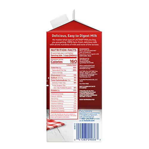 Lactaid Whole Milk Right Side of Packaging with Nutrition Facts