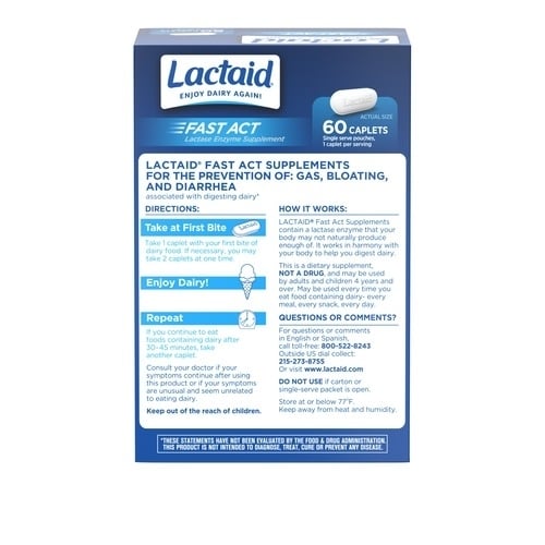 Lactaid Fast Act lactase enzyme supplement caplets back of pack