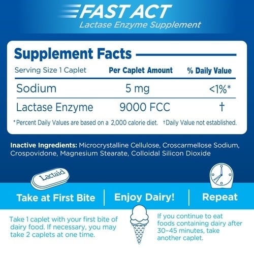 Lactaid Fast Act lactase enzyme supplement caplets supplement facts table and directions