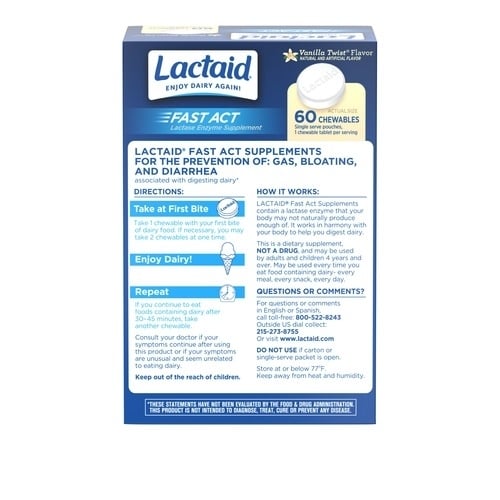 Lactaid Fast Act Chewables lactase enzyme supplement tablets back of pack