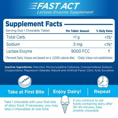 Lactaid Fast Act Chewables lactase enzyme supplement tablets supplement facts table and directions