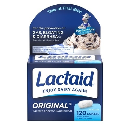Lactaid original strength lactase enzyme supplement caplets front of pack