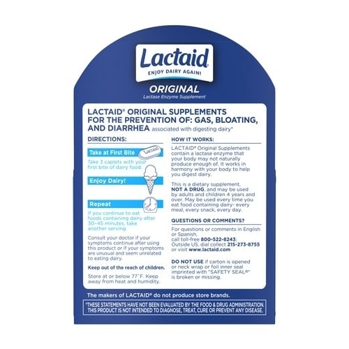 Lactaid original strength lactase enzyme supplement caplets back of pack