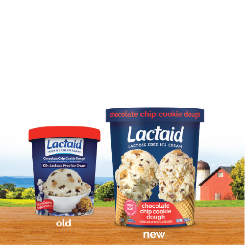 Old vs. new package of Lactaid lactose-free cookie dough ice cream