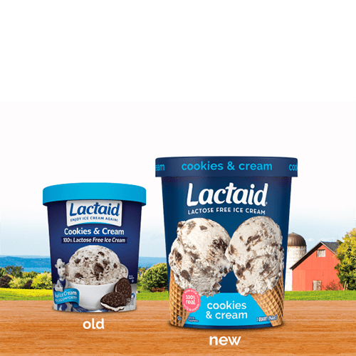 Old vs. new package of Lactaid lactose-free cookies and cream ice cream