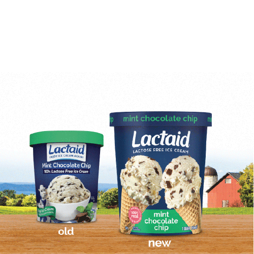 Old vs. new package of Lactaid lactose-free mint chocolate chip ice cream