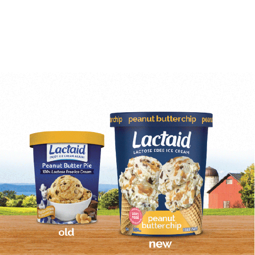 Old vs. new package of Lactaid Lactose-Free Peanut Butter Chip Ice Cream