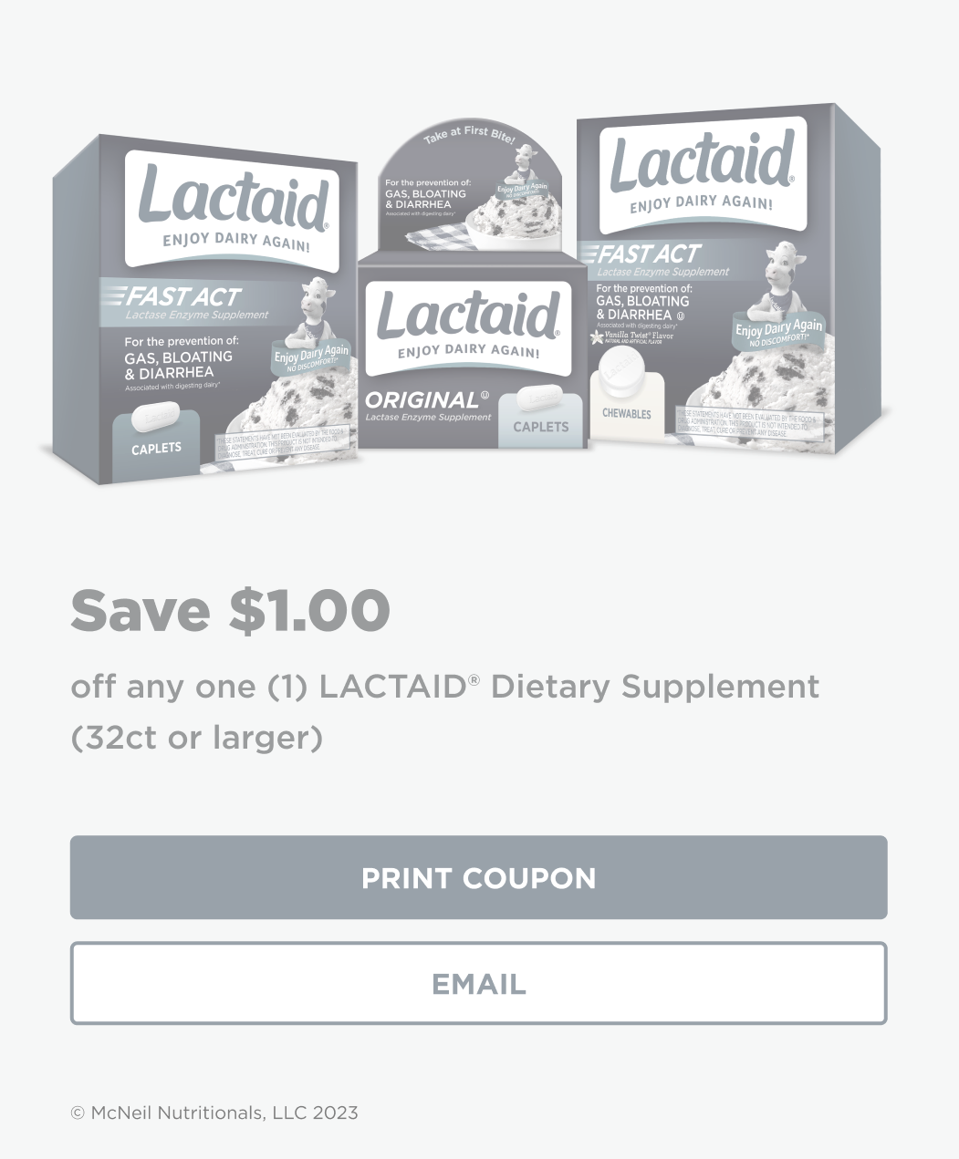 Disabled coupon for $1 off LACTAID® Dietary Supplementes