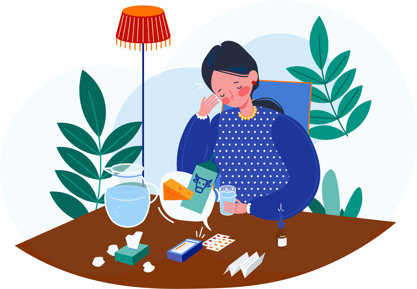 Illustration of woman feeling ill with supplements