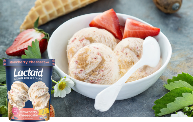 A bowl of Lactaid Strawberry Cheesecake Ice Cream