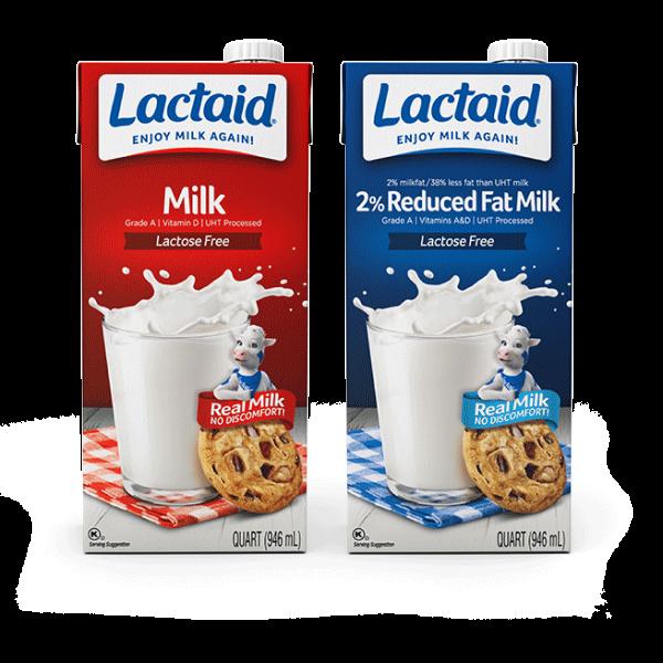Side by side boxes of Lactaid shelf-stable 2% milk and regular shelf-stable milk