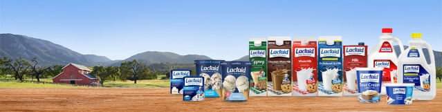 Mountain farm panorama with whole Lactaid catalogue of milk, supplements, ice cream, and other lactose-free products