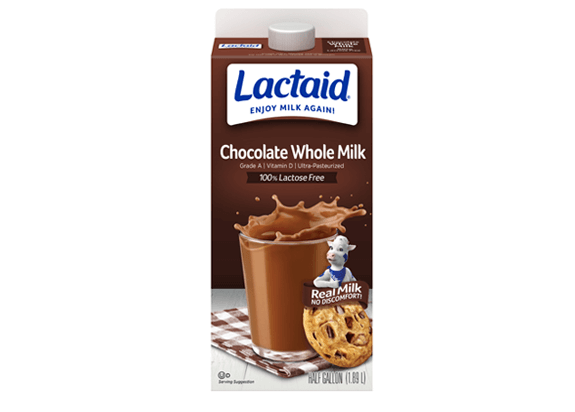 Lactaid lactose-free whole chocolate milk in brown carton