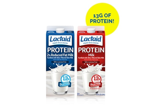 Protein enriched Lactaid milk in blue and red cartons with yellow text circle reading "13G of Protein!"