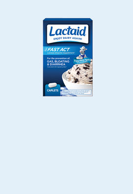 Vertical blue background with fast act Lactaid caplets