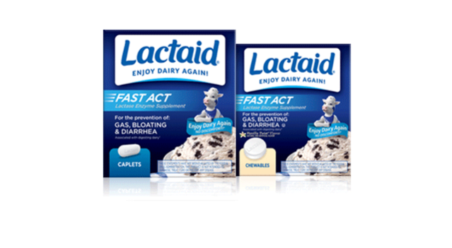 Two Lactaid fast act supplement caplets boxes on grey background