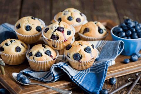 A dozen blueberry muffins with fresh blueberries