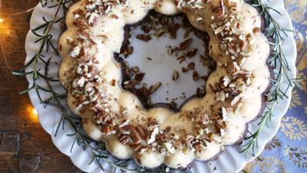 Lactose-free eggnog chocolate pecan biscuit cake with rosemary