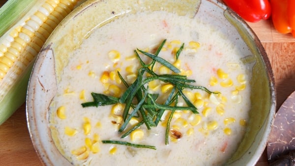 Bowl of roasted corn crab and pepper soup 