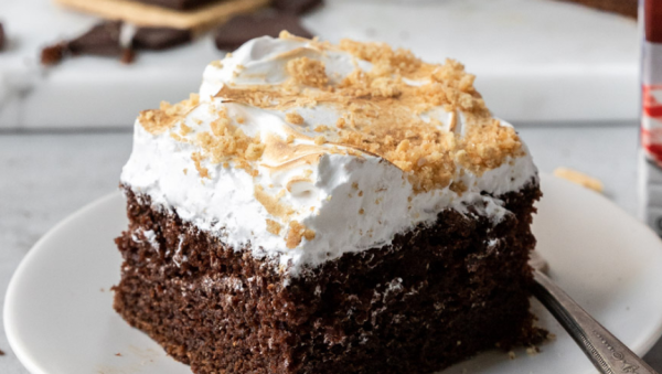 Smores flavored cake topped with marshmallow icing and graham cracker crumbles